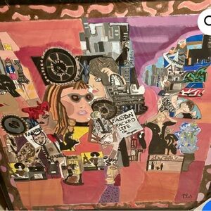 Mixed Media Collage in Pink and Brown with Architectural Elements and a Clock